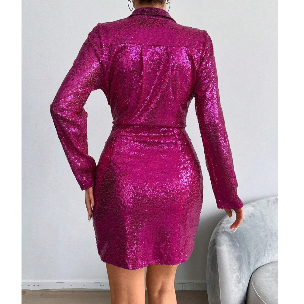 Luxe Hot Pink Sequin Long Sleeve High Waisted Ruched Party Evening Dress - Picture 3 of 5
